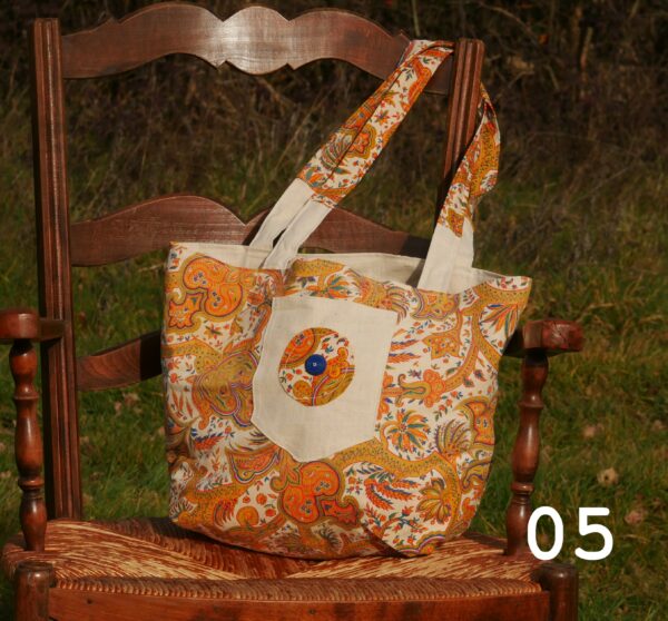 sac katrane sac tissus format cabas 5 poches vintage recyclé toile de coton arabesques et drap ancien écru