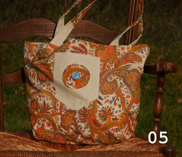 sac katrane sac tissus format cabas 5 poches vintage recyclé toile de coton arabesques et drap ancien écru