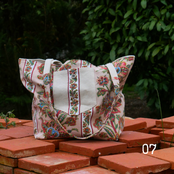 sac katrane sac tissus format cabas 5 poches vintage recyclé toile de coton rose pâle toile de coton chinée écru